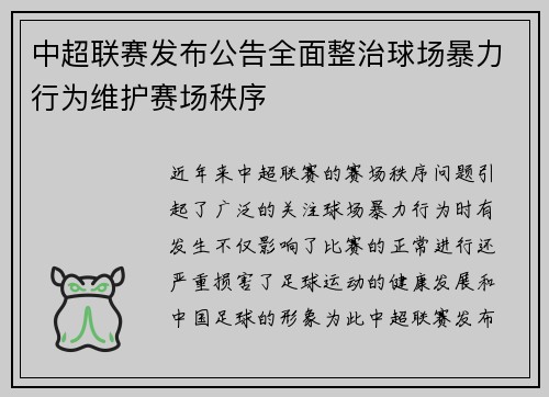 中超联赛发布公告全面整治球场暴力行为维护赛场秩序 中超联赛发布公告全面整治球场暴力行为维护赛场秩序