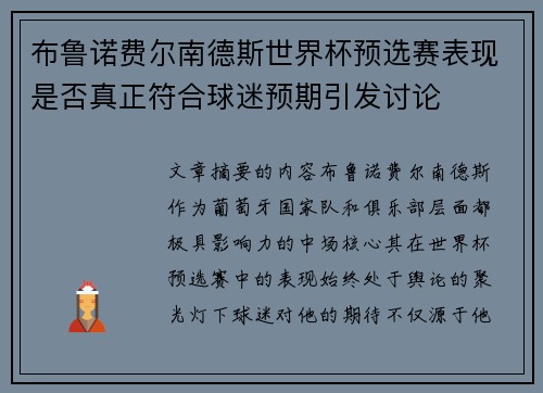 布鲁诺费尔南德斯世界杯预选赛表现是否真正符合球迷预期引发讨论